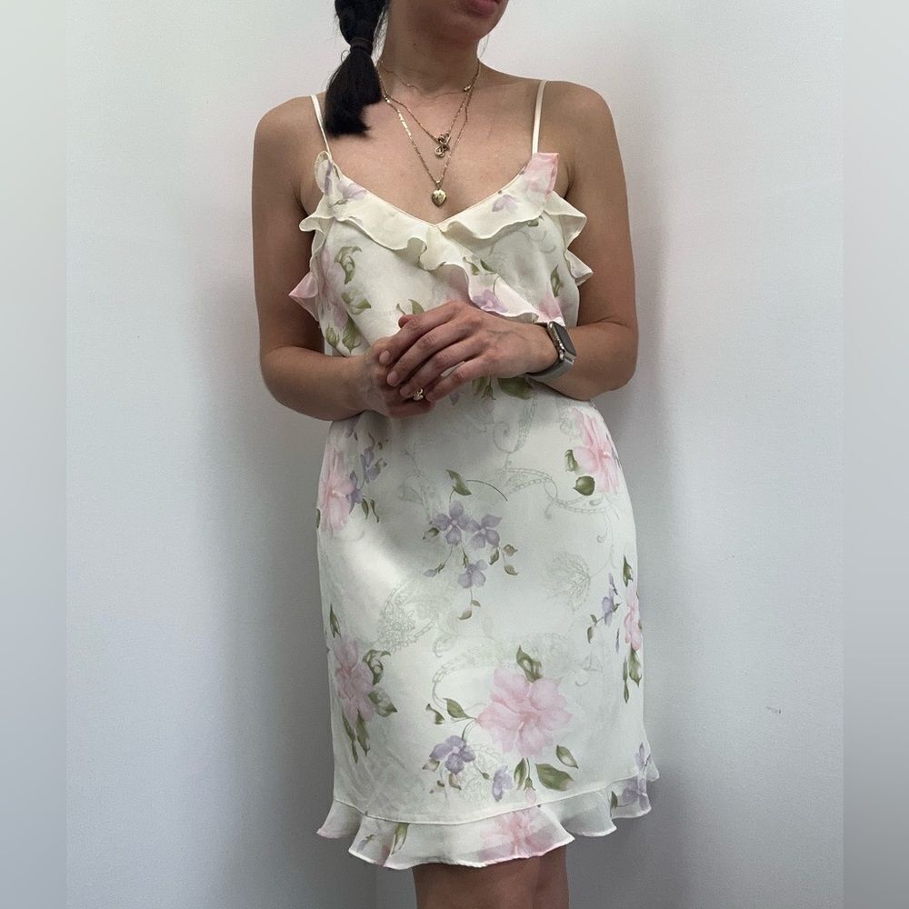Vintage 90's Valerie Stevens Cream Floral Ruffle Spaghetti Strap Mini Dress S